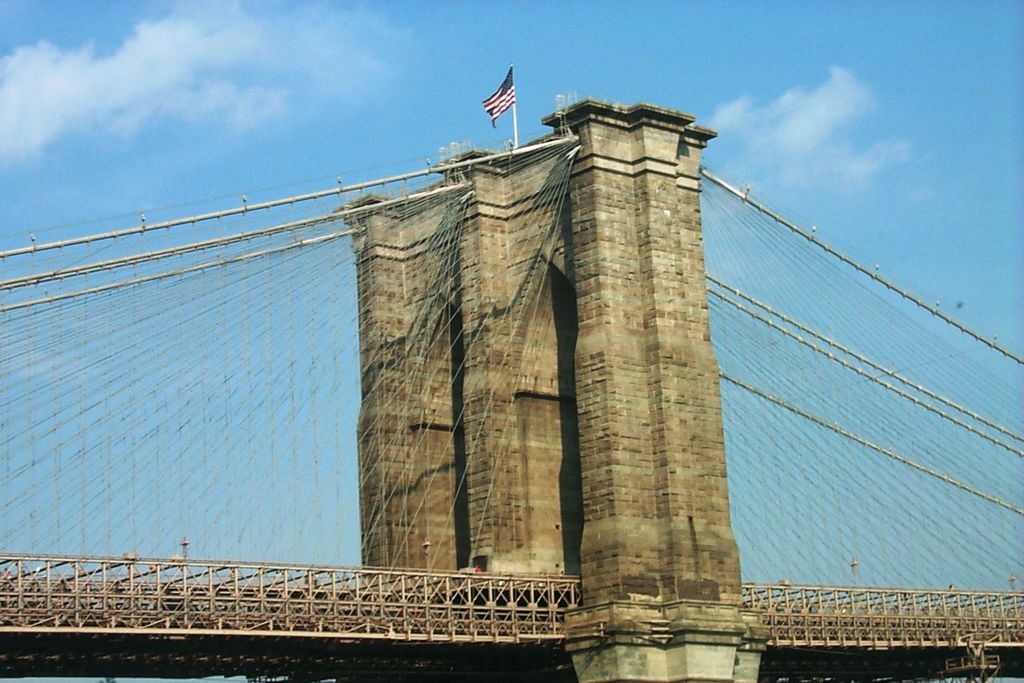 The Brooklyn Bridge is a hybrid cable-stayed/suspension bridge in New York City, spanning the East River between the boroughs of Manhattan and Brooklyn.